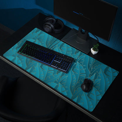 Tropical leaf teal gaming mouse pad with non-slip base and stitching