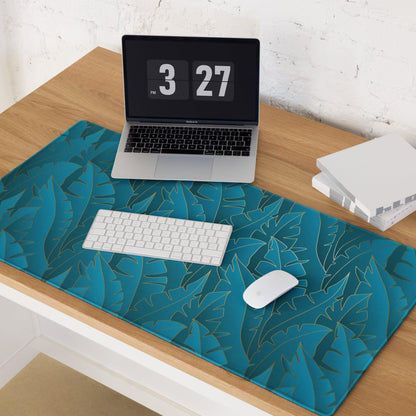 Teal tropical leaf pattern gaming mouse pad with non-slip base