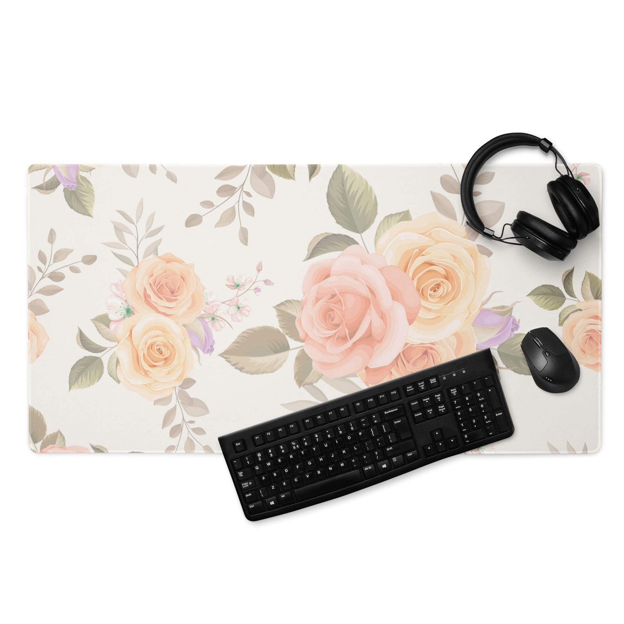 Elegant pastel rose floral gaming mouse pad with non-slip base