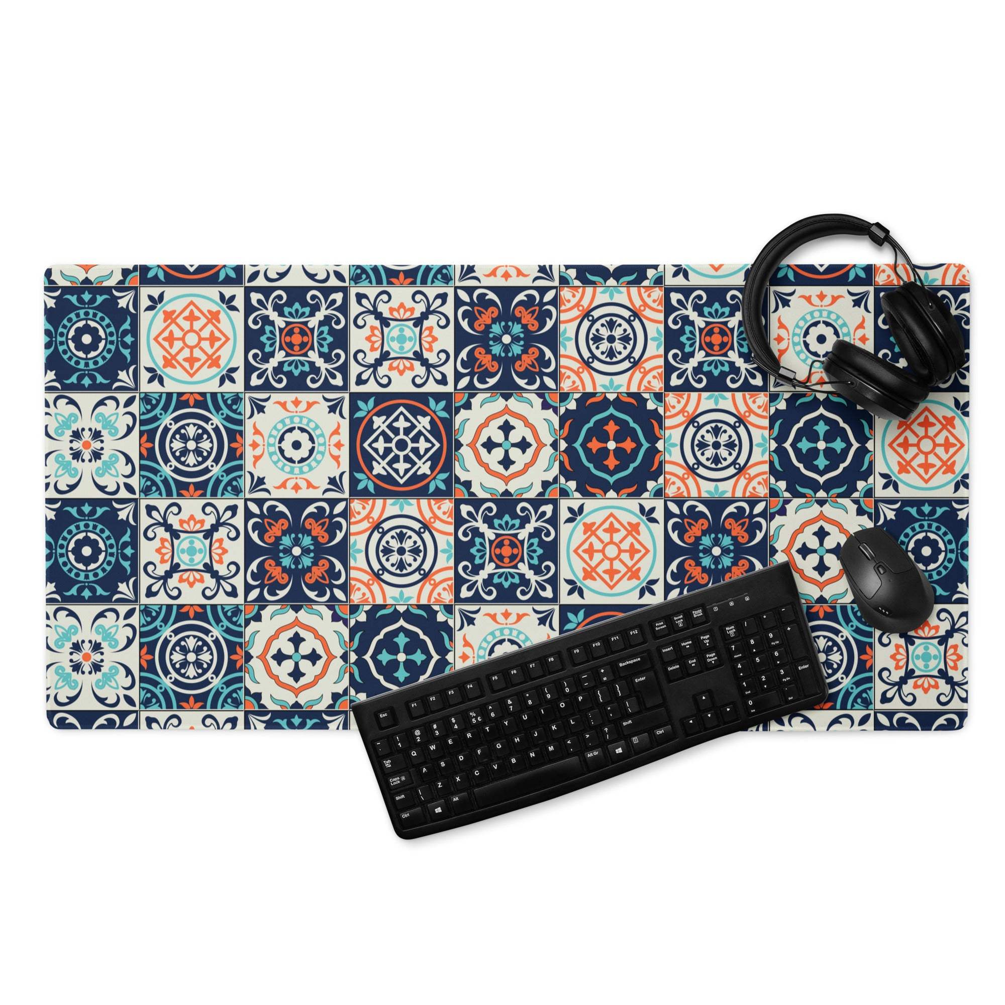 Elegant tile pattern gaming mouse pad in navy teal coral, large non-slip