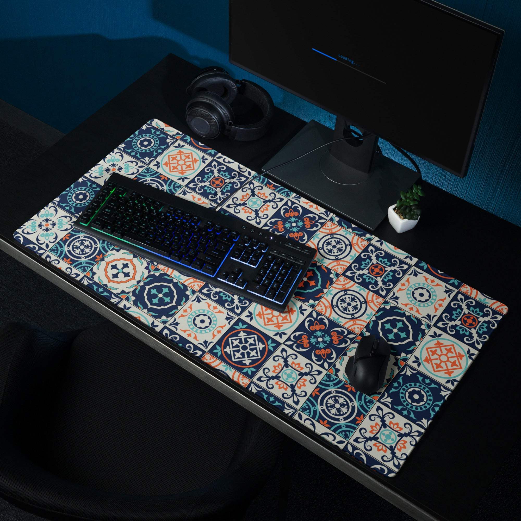 Elegant tile pattern navy teal coral non-slip large gaming mouse pad