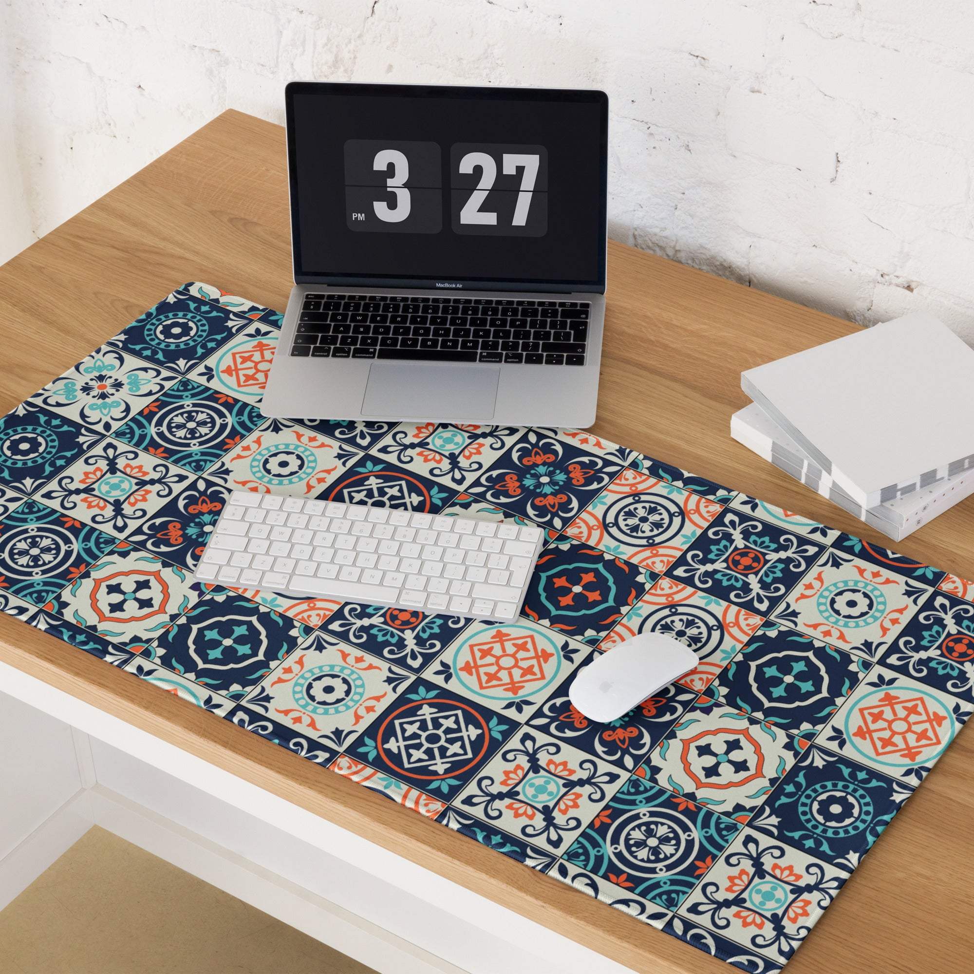 Elegant tile pattern navy teal coral non-slip large gaming mouse pad