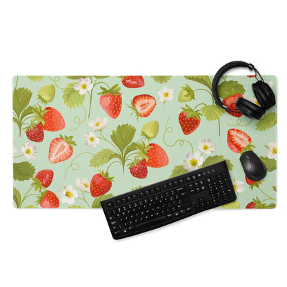 Large mint green strawberry pattern gaming mouse pad with non-slip base