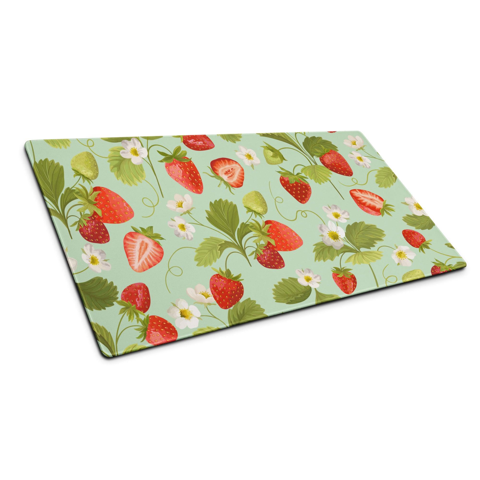Large mint green strawberry pattern gaming mouse pad with non-slip base