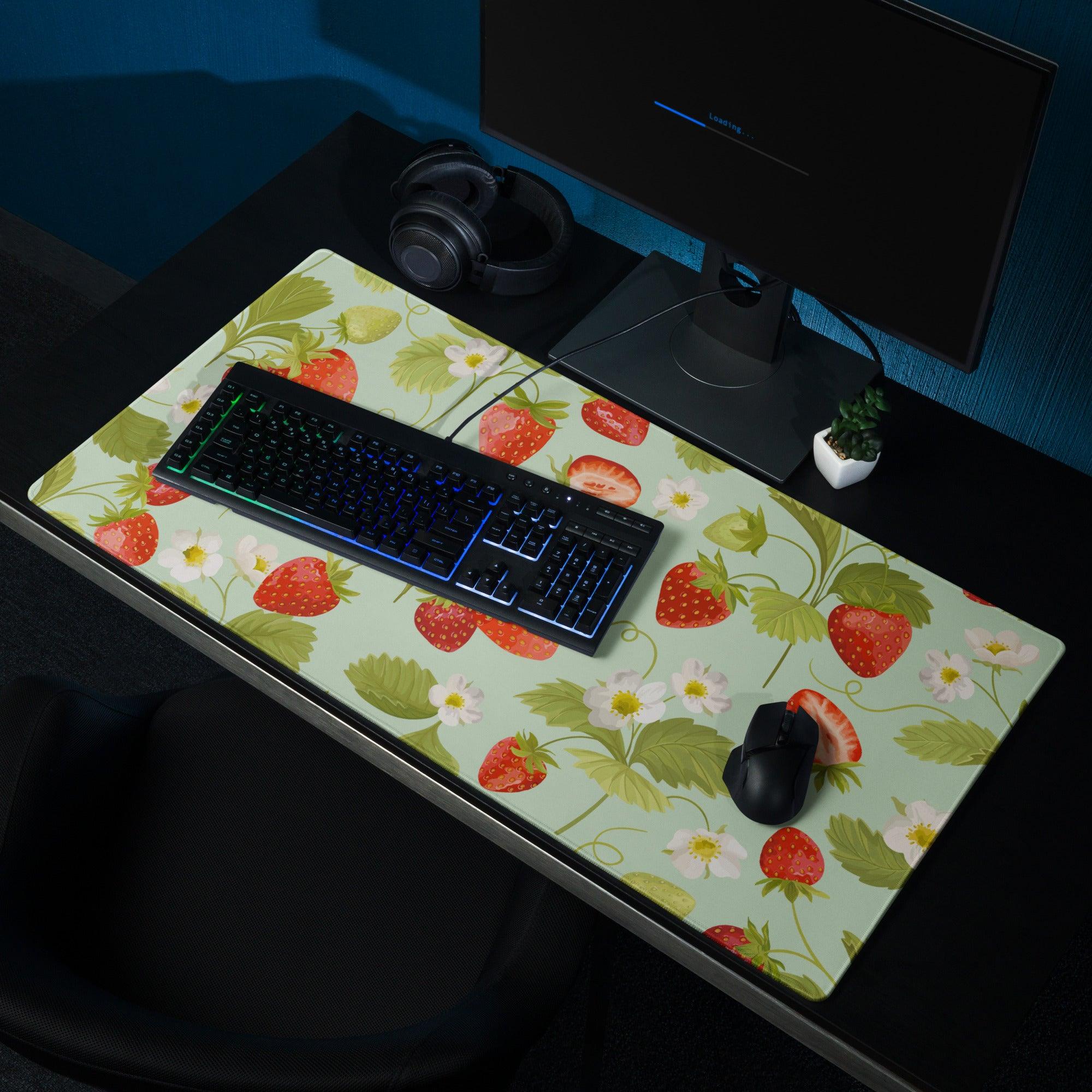 Large mint green strawberry pattern gaming mousepad with keyboard and mouse