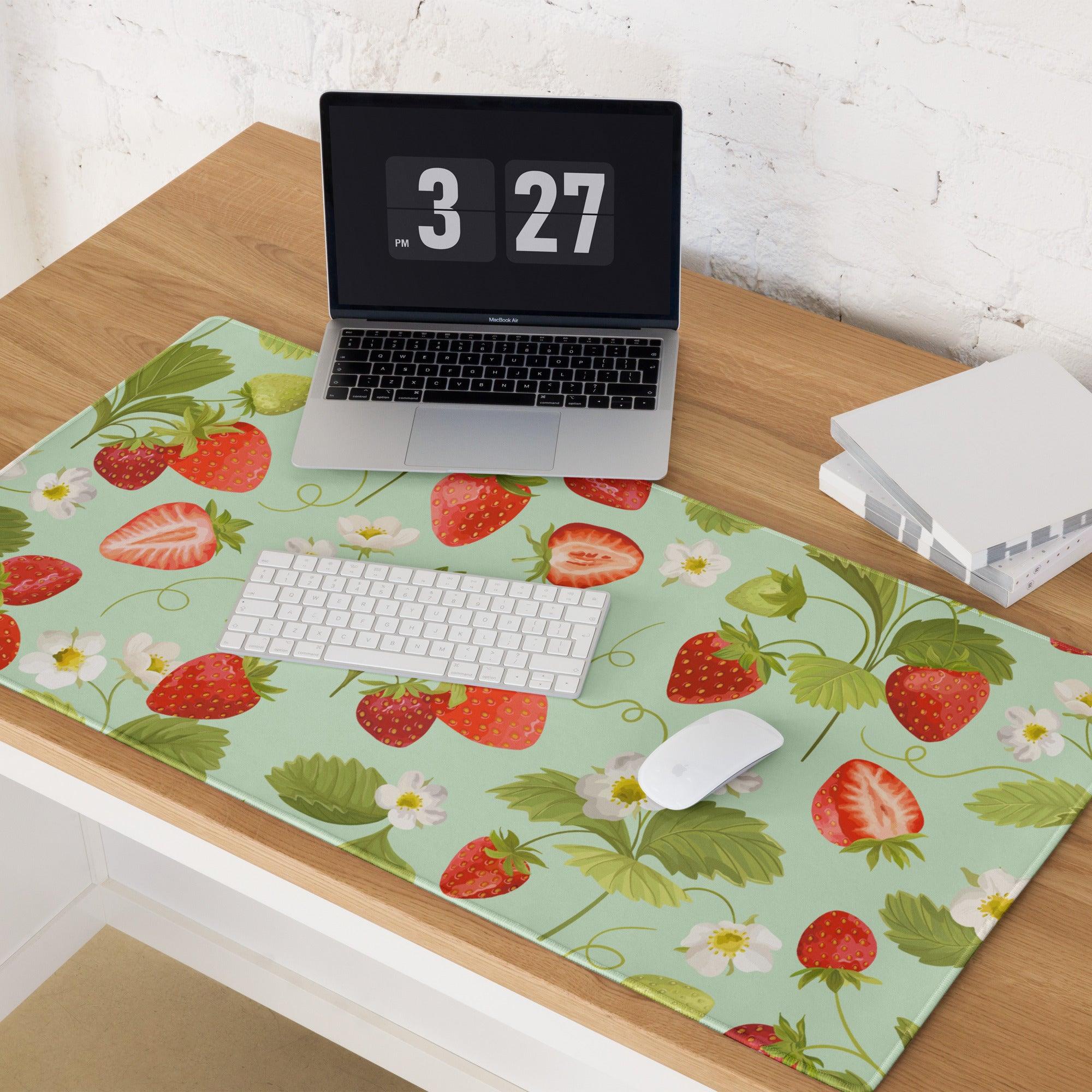 Large mint green strawberry pattern gaming mouse pad with non-slip base