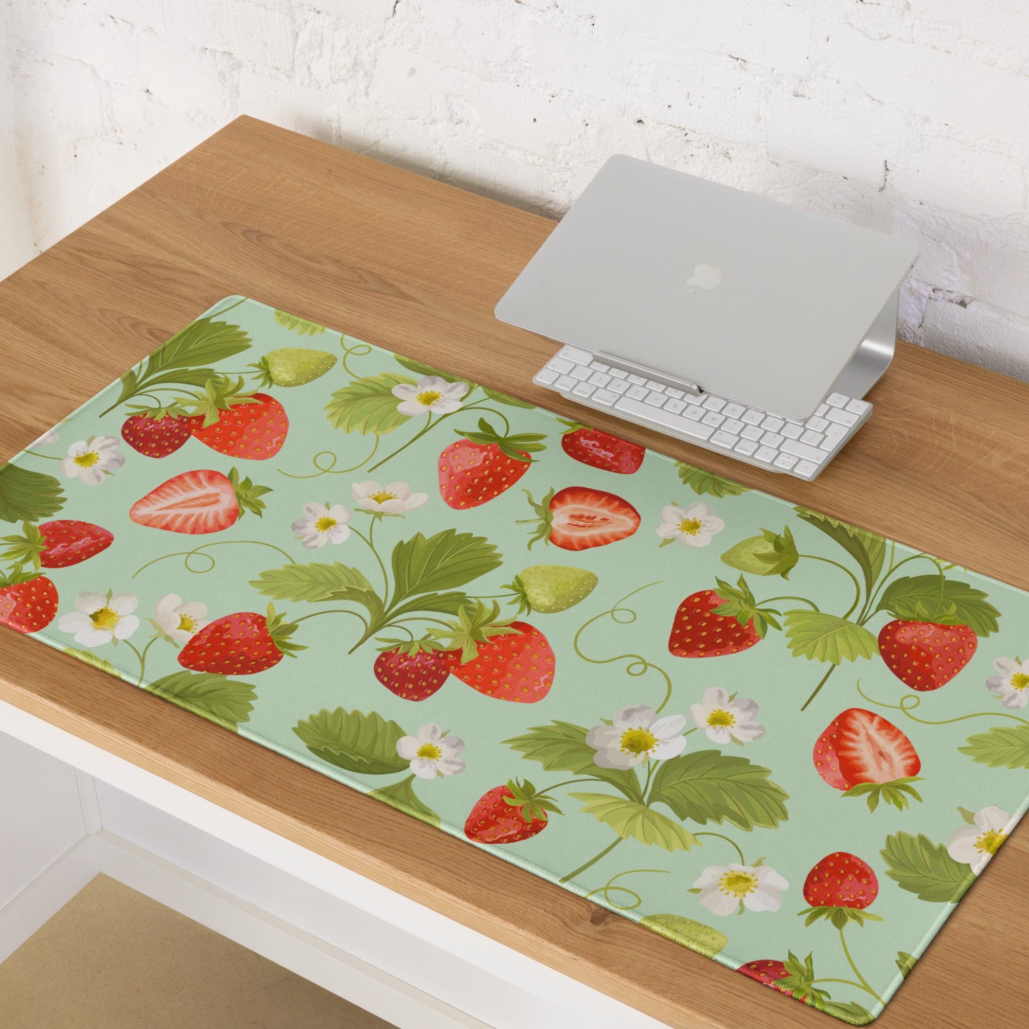 Large mint green strawberry pattern gaming mouse pad with non-slip base