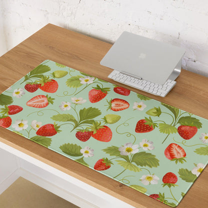 Large mint green strawberry pattern gaming mouse pad with non-slip base
