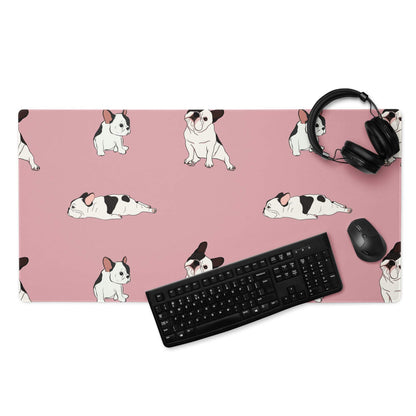 Pink Boston Terrier pattern gaming mouse pad with cartoon dogs and non-slip base
