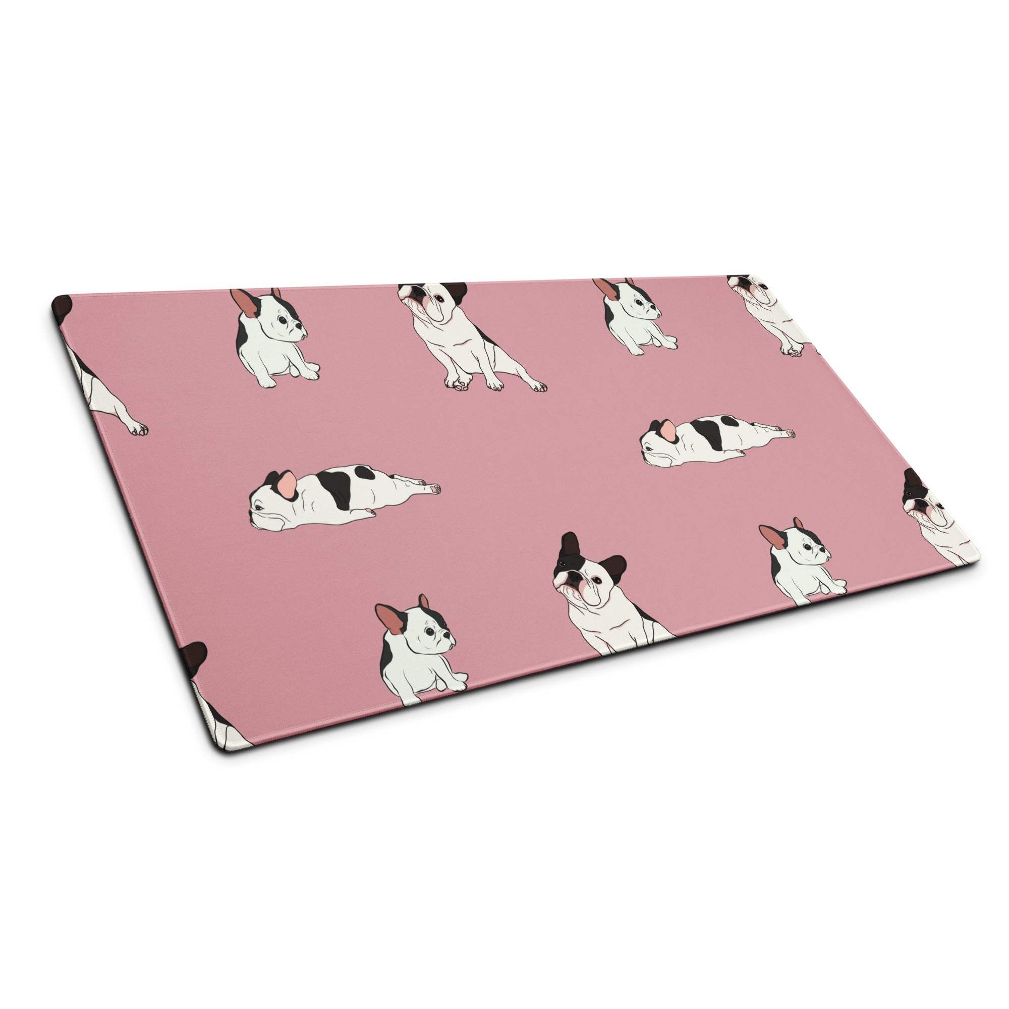 Pink mouse pad with cartoon French bulldog pattern and non-slip base