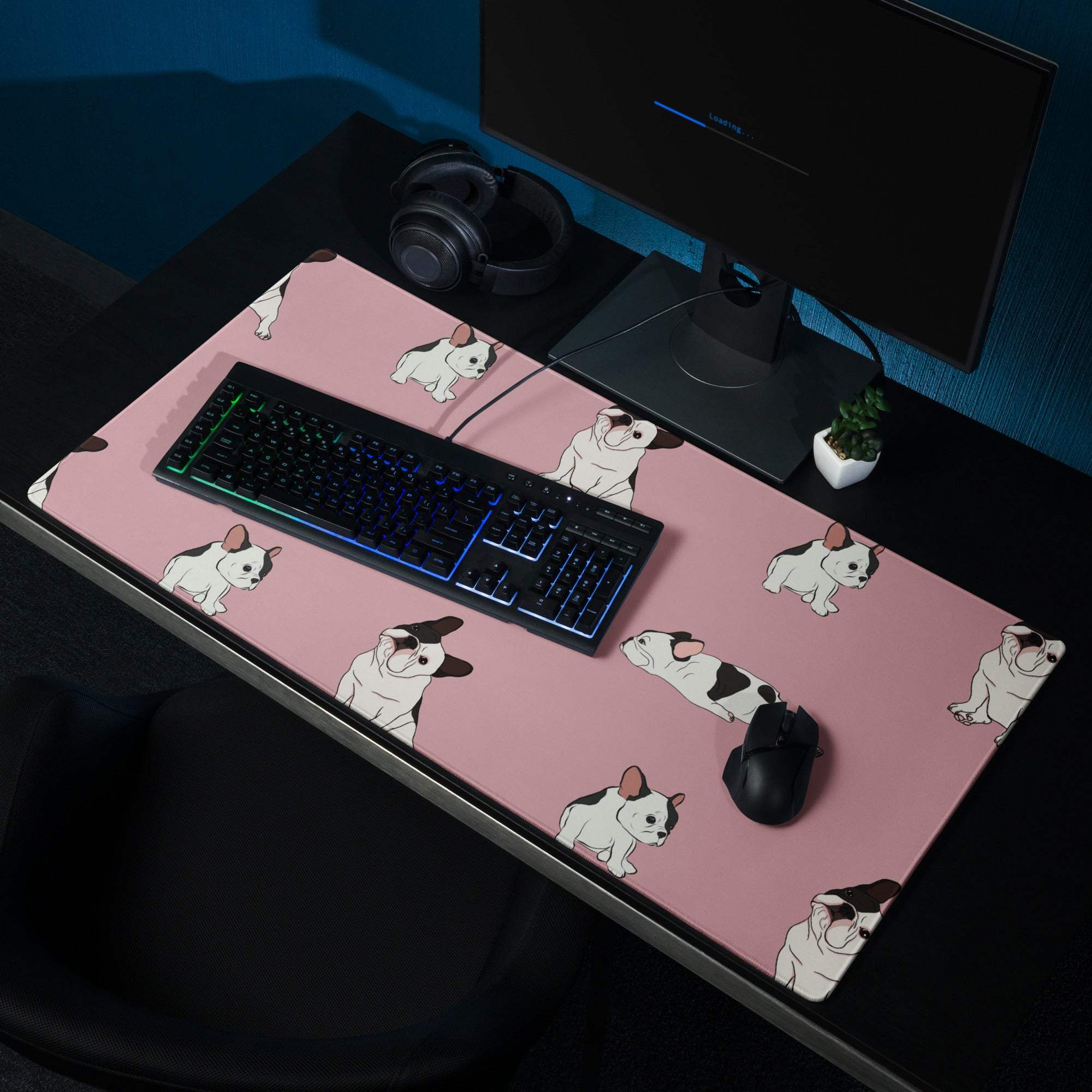 Pink gaming mouse pad with cartoon French bulldog pattern