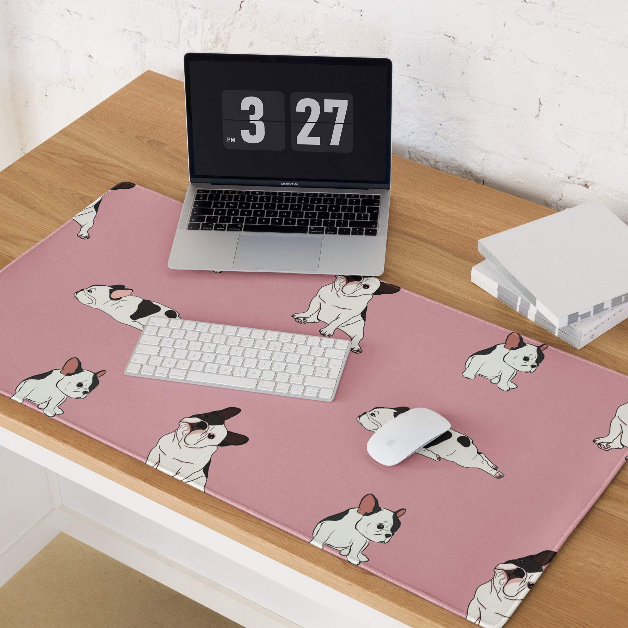 Pink mousepad with black white French bulldog pattern, non-slip base