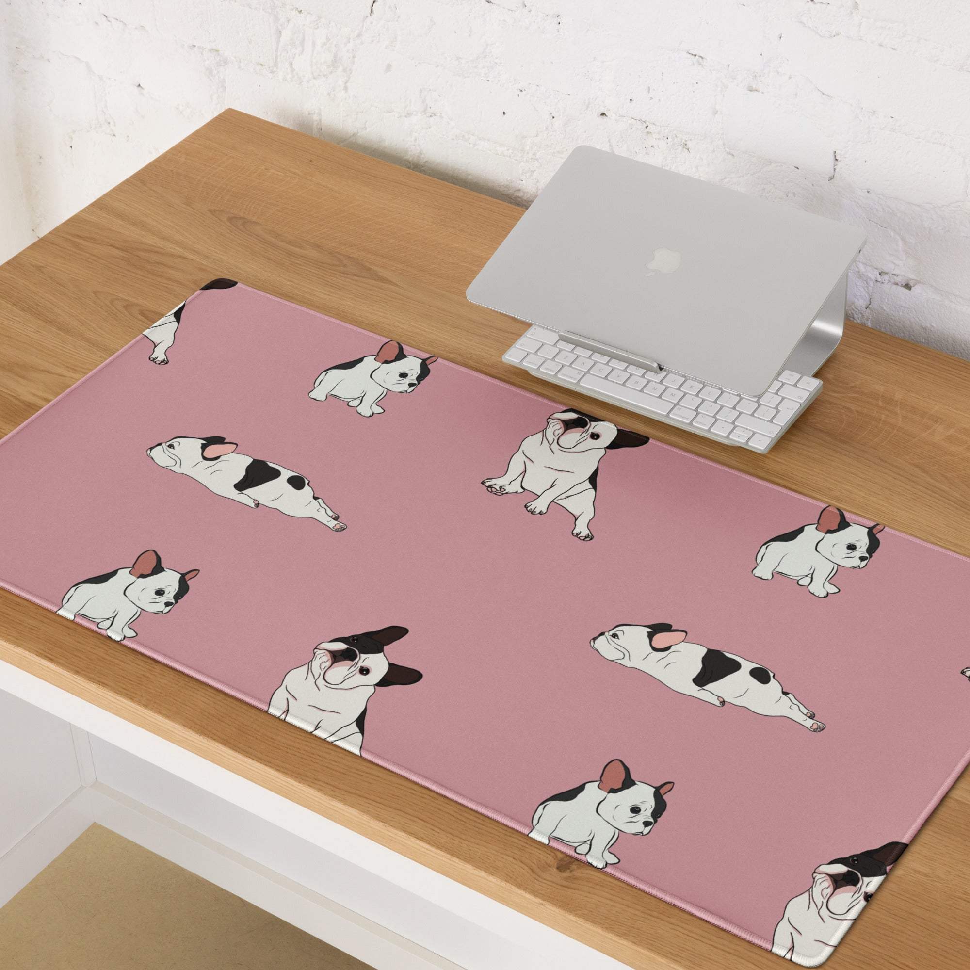 Pink gaming mouse pad with black white French bulldog pattern