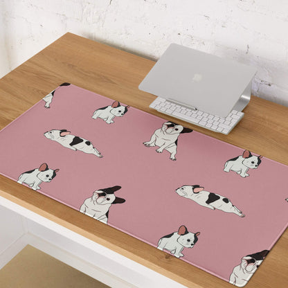 Pink gaming mouse pad with black white French bulldog pattern