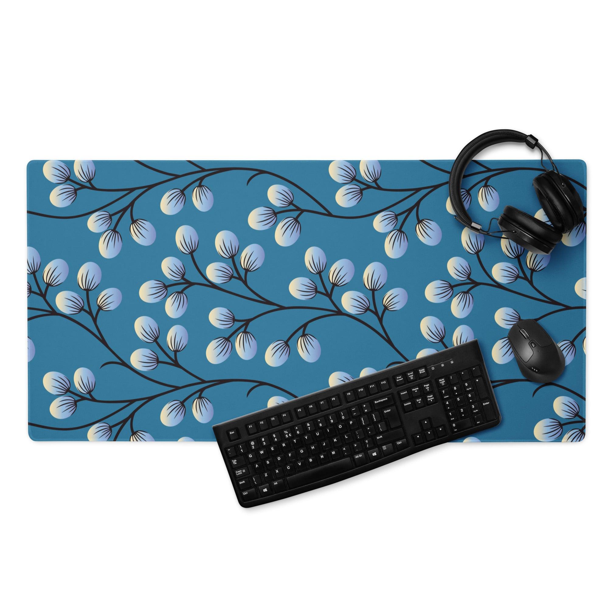 Elegant floral branches deep blue gaming mouse pad with black branches and light blue buds