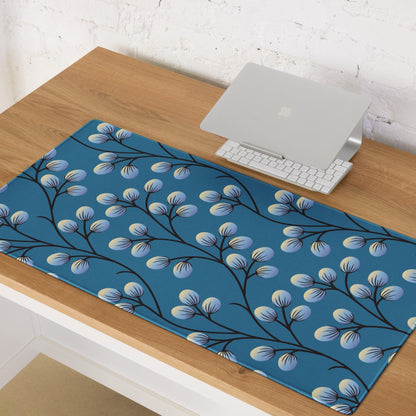 Elegant deep blue gaming mouse pad with black branches and light blue buds