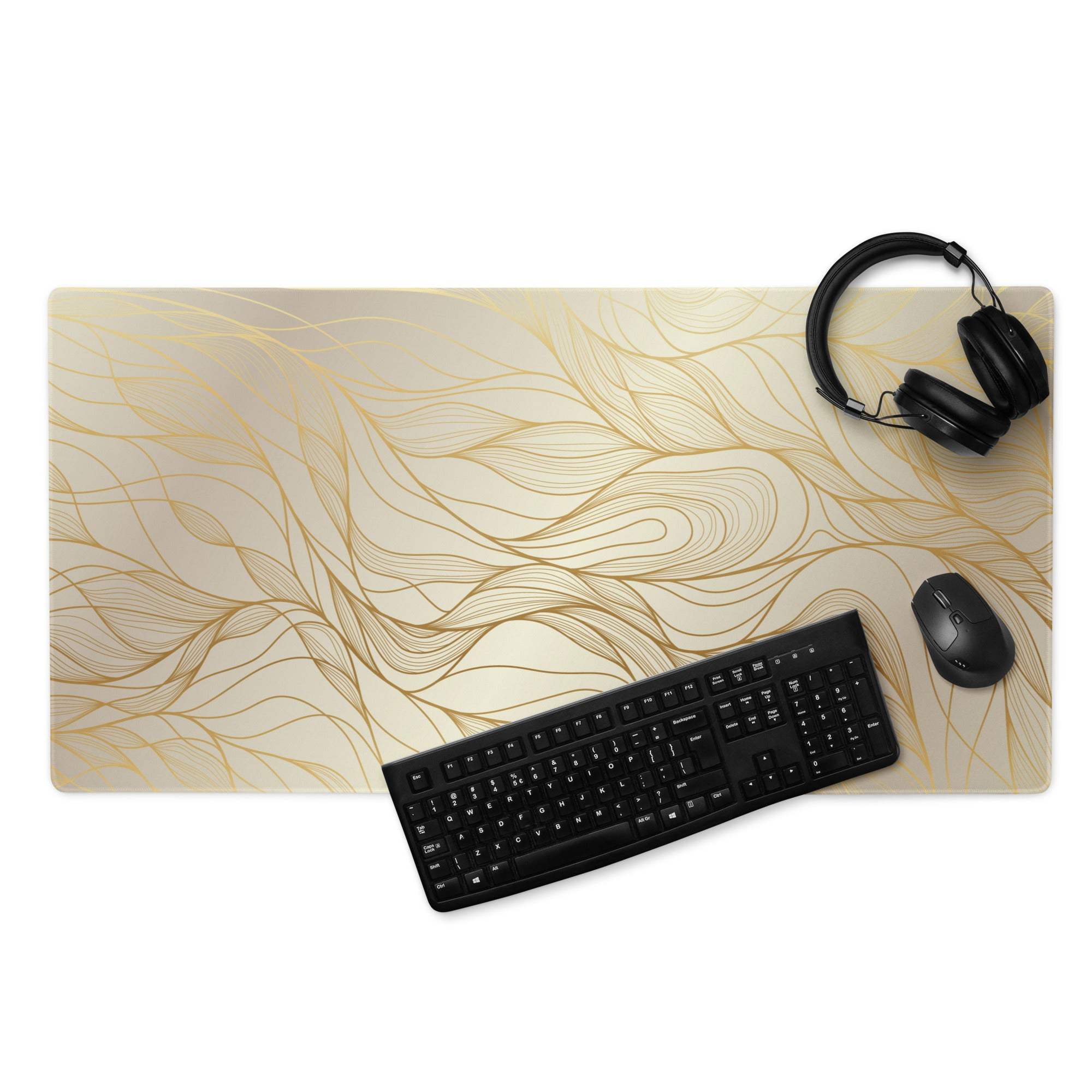 Luxury gold abstract lines gaming mouse pad, cream with non-slip base