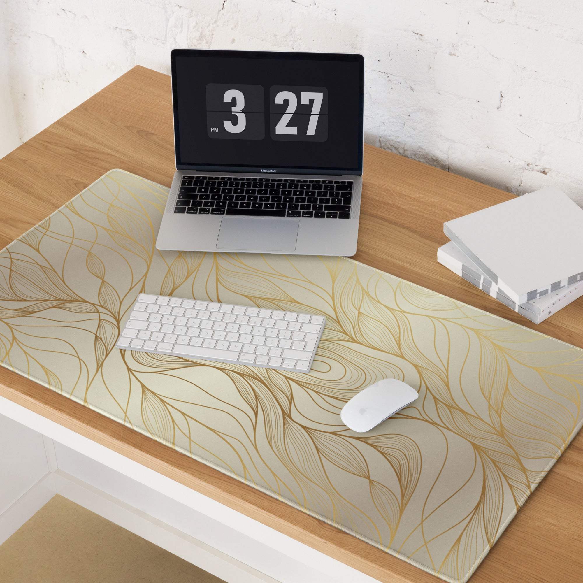 Luxury gold leaf-patterned rectangular gaming mouse pad with cream base