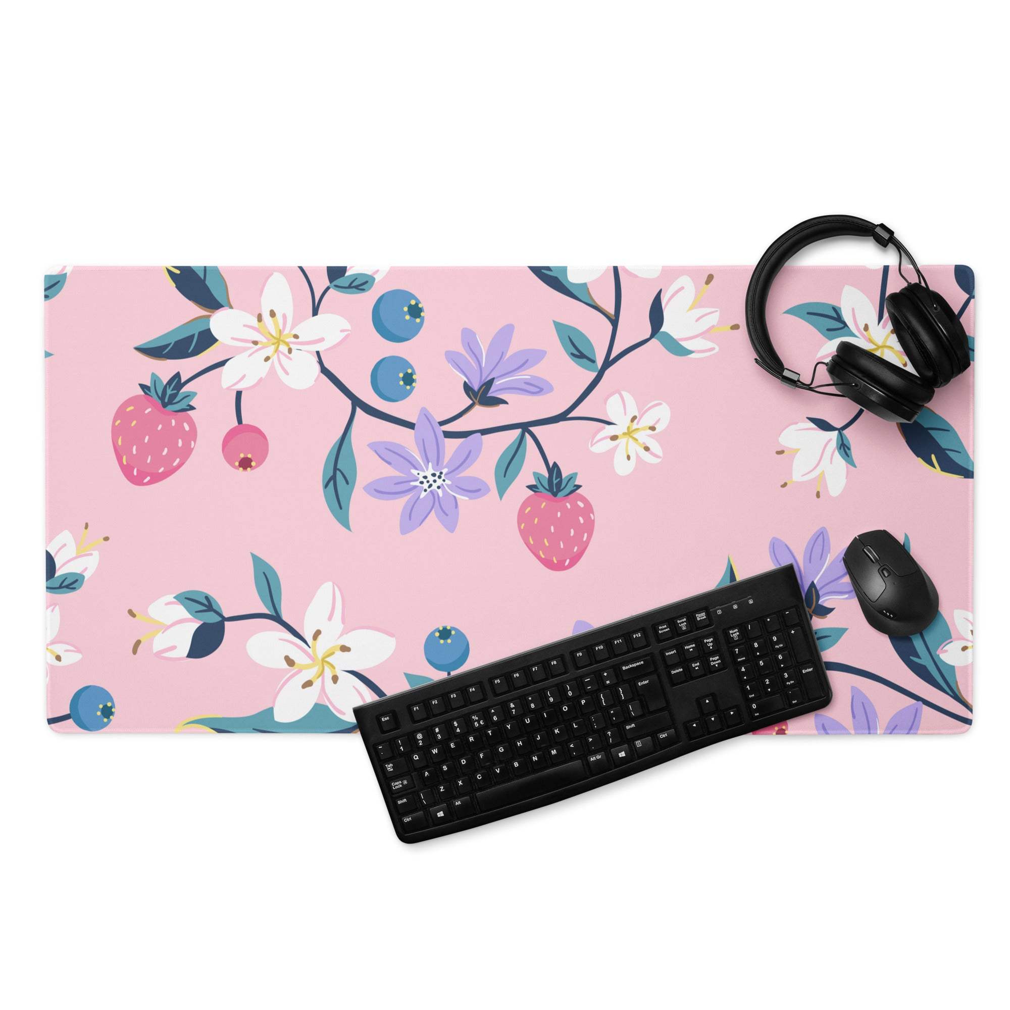 Chic pink floral gaming mouse pad with berries blossoms non-slip base