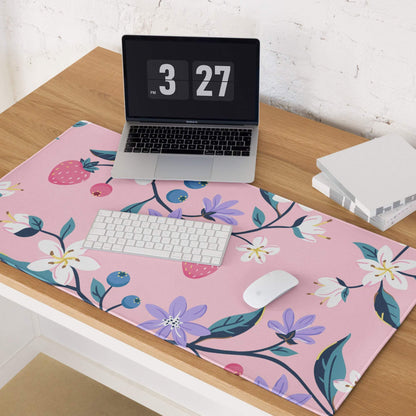 Chic pink floral gaming mouse pad with strawberry berry illustrations