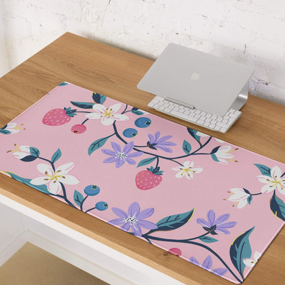 Chic pink floral large gaming mouse pad with strawberries, blueberries