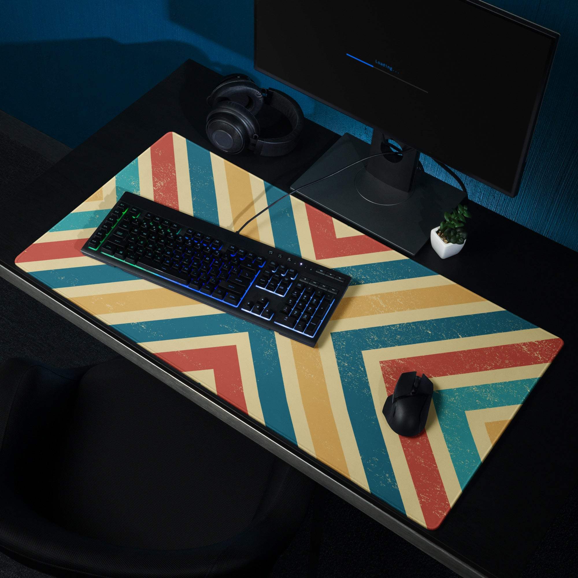 Retro geometric chevron gaming mouse pad, large multicolor distressed pattern