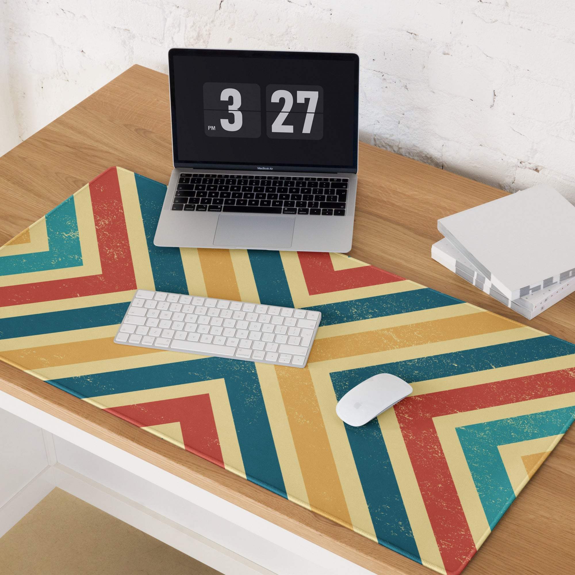 Vibrant retro geometric chevron gaming mouse pad in red teal yellow cream distressed pattern