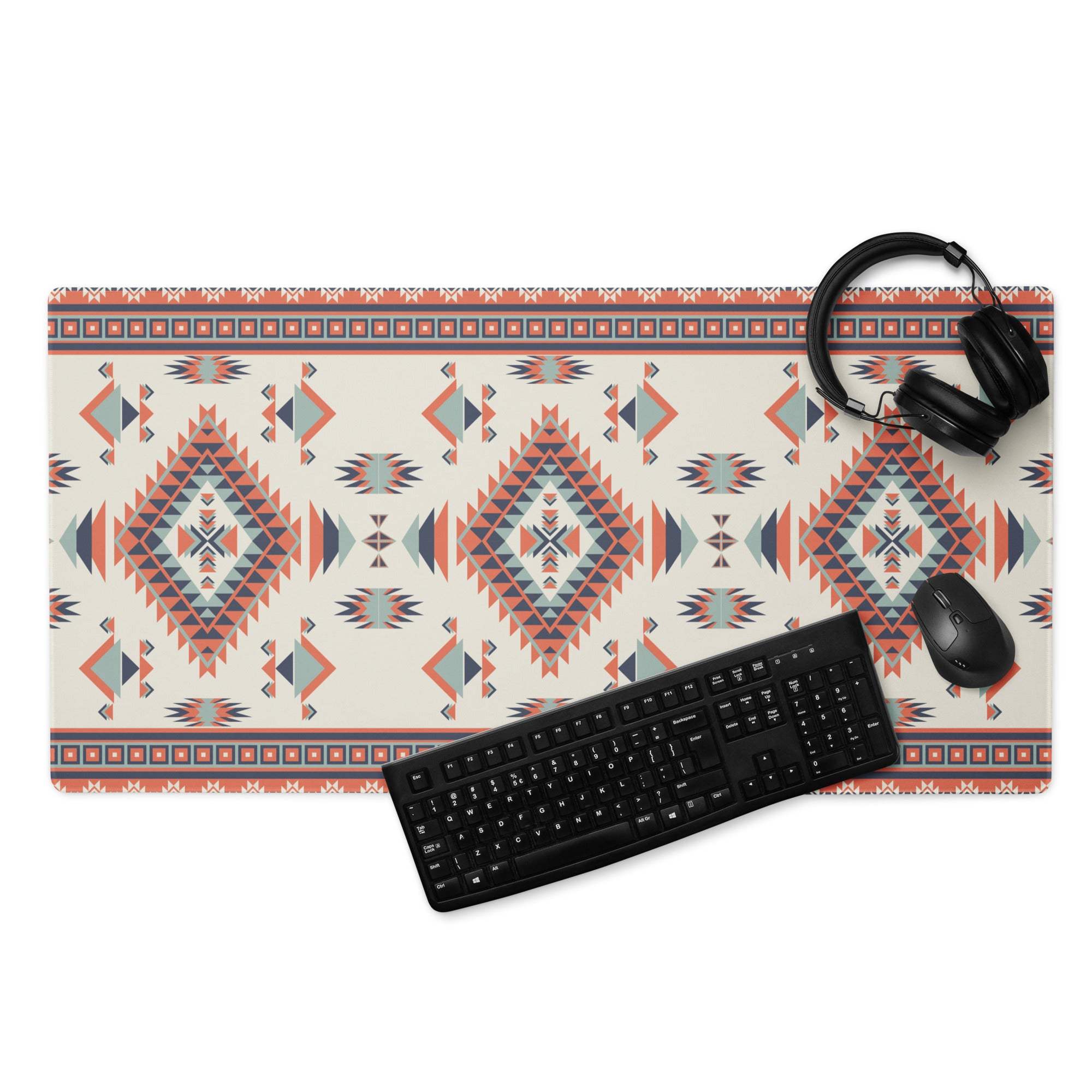 Aztec tribal geometric cream red teal large gaming mouse pad
