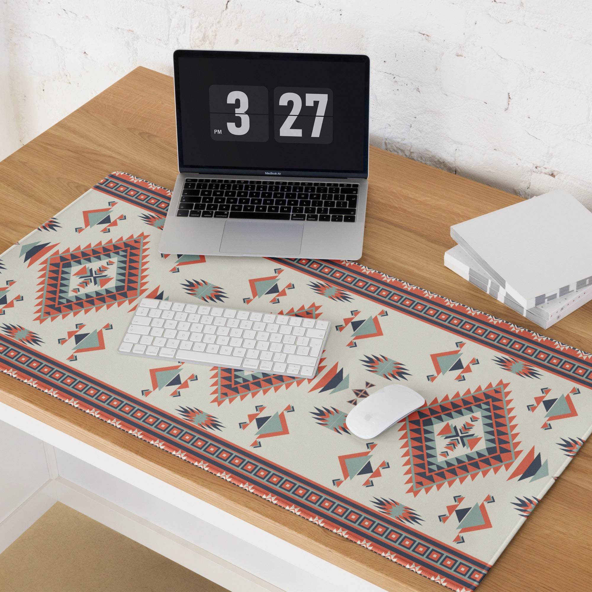 Aztec tribal geometric cream red teal large gaming mouse pad with non-slip backing