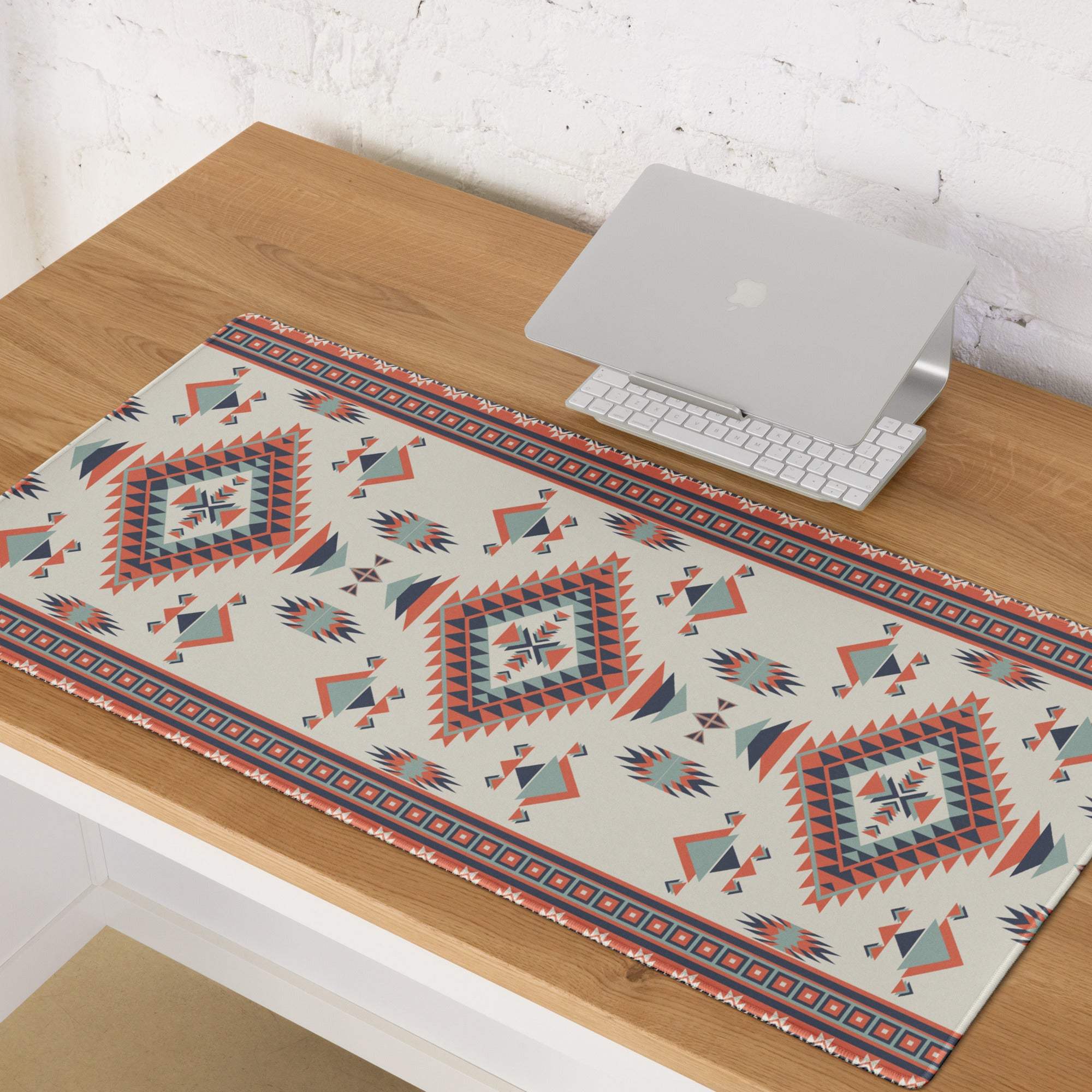 Aztec tribal geometric cream red teal large gaming mouse pad with non-slip backing