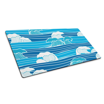 Blue and white wave-patterned rectangular cutting board on coastal ocean vibe mouse pad