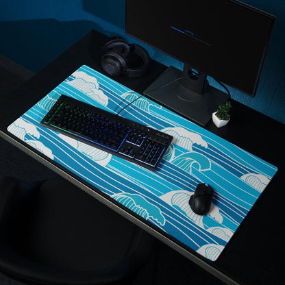 Blue wave-patterned gaming mousepad with white teal accents non-slip surface