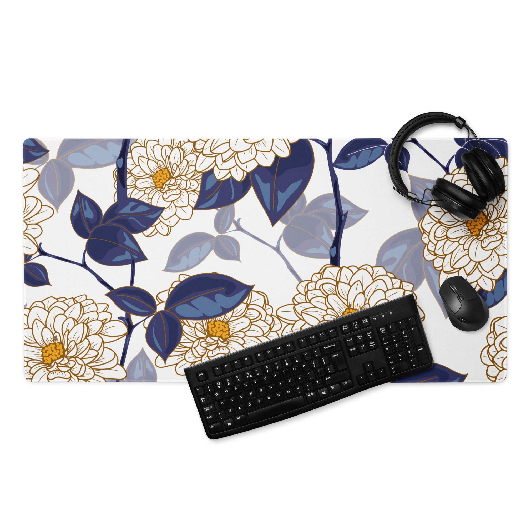 Elegant floral large gaming mouse pad with white gold blossoms navy blue leaves