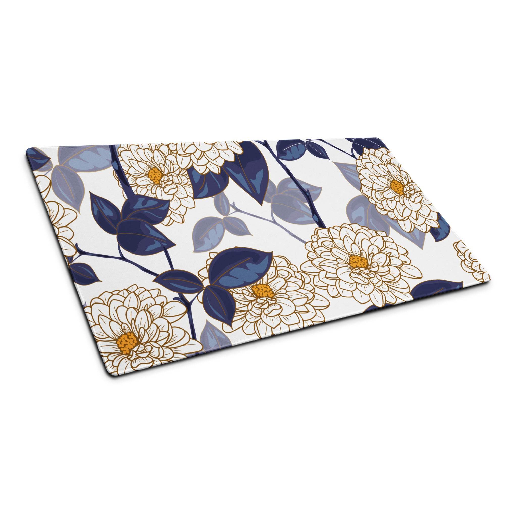 Elegant floral gaming desk mat with cream chrysanthemums, navy leaves, white background