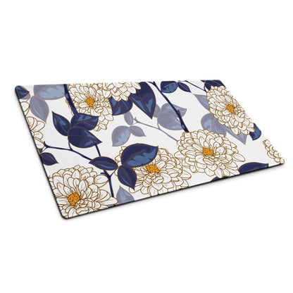 Elegant floral gaming desk mat with cream chrysanthemums, navy leaves, white background