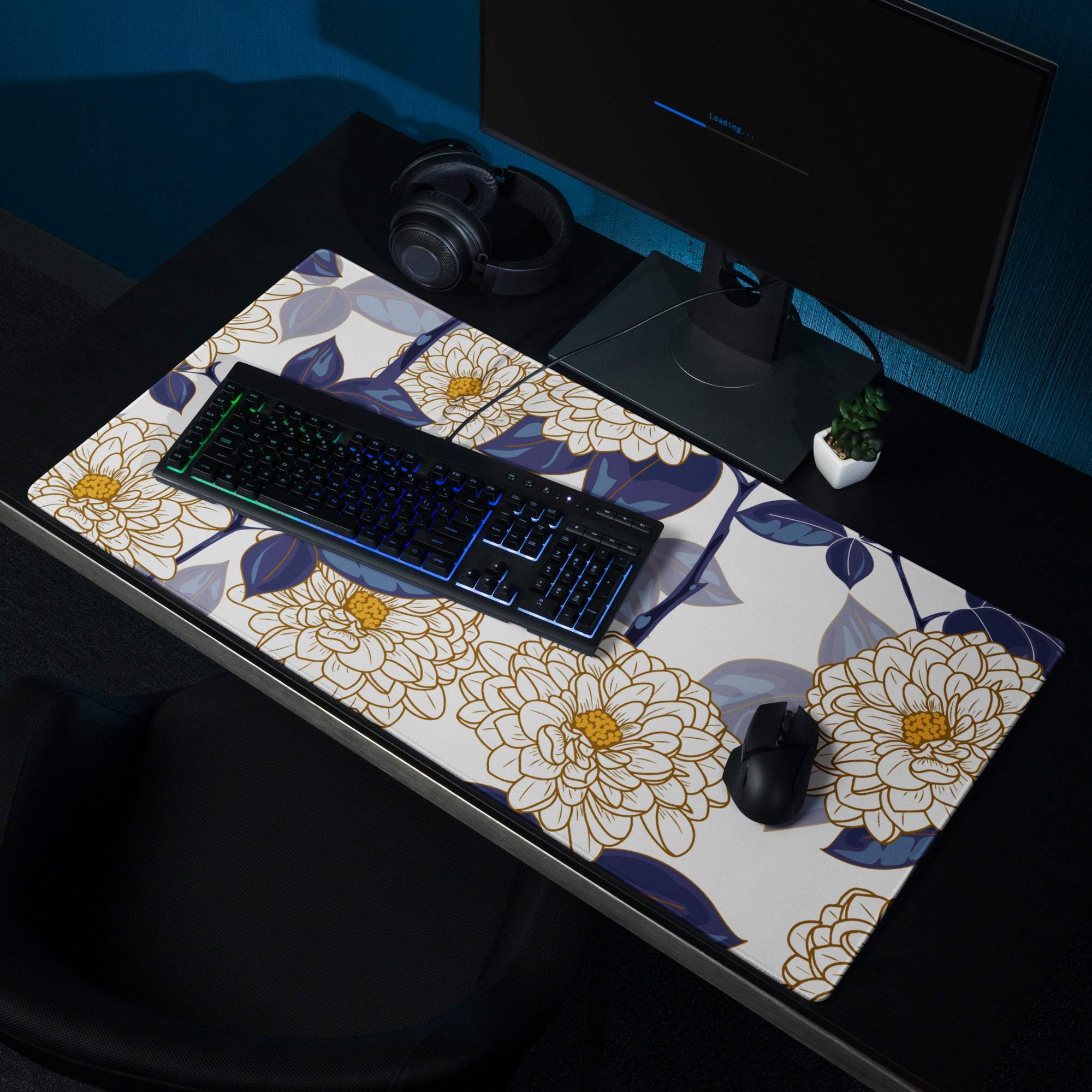 Elegant floral large gaming mouse pad in navy blue gold white