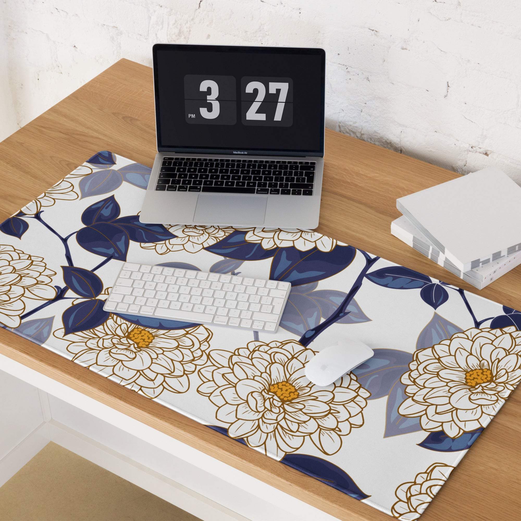 Elegant floral large gaming desk mat with white gold flowers navy leaves