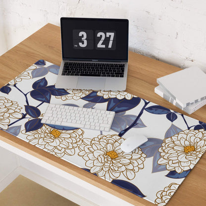 Elegant floral large gaming desk mat with white gold flowers navy leaves