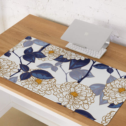 Elegant floral large gaming desk mat with white gold flowers navy leaves