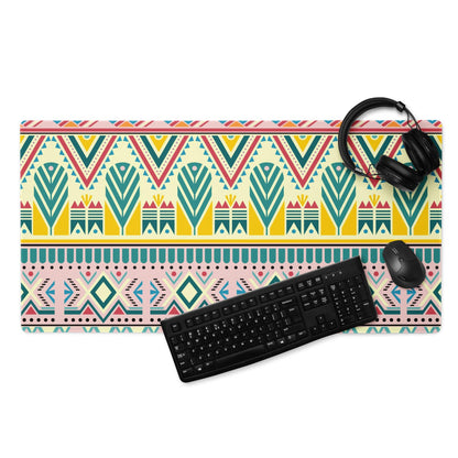 Bohemian tribal gaming mouse pad with vibrant teal, yellow, pink geometric pattern