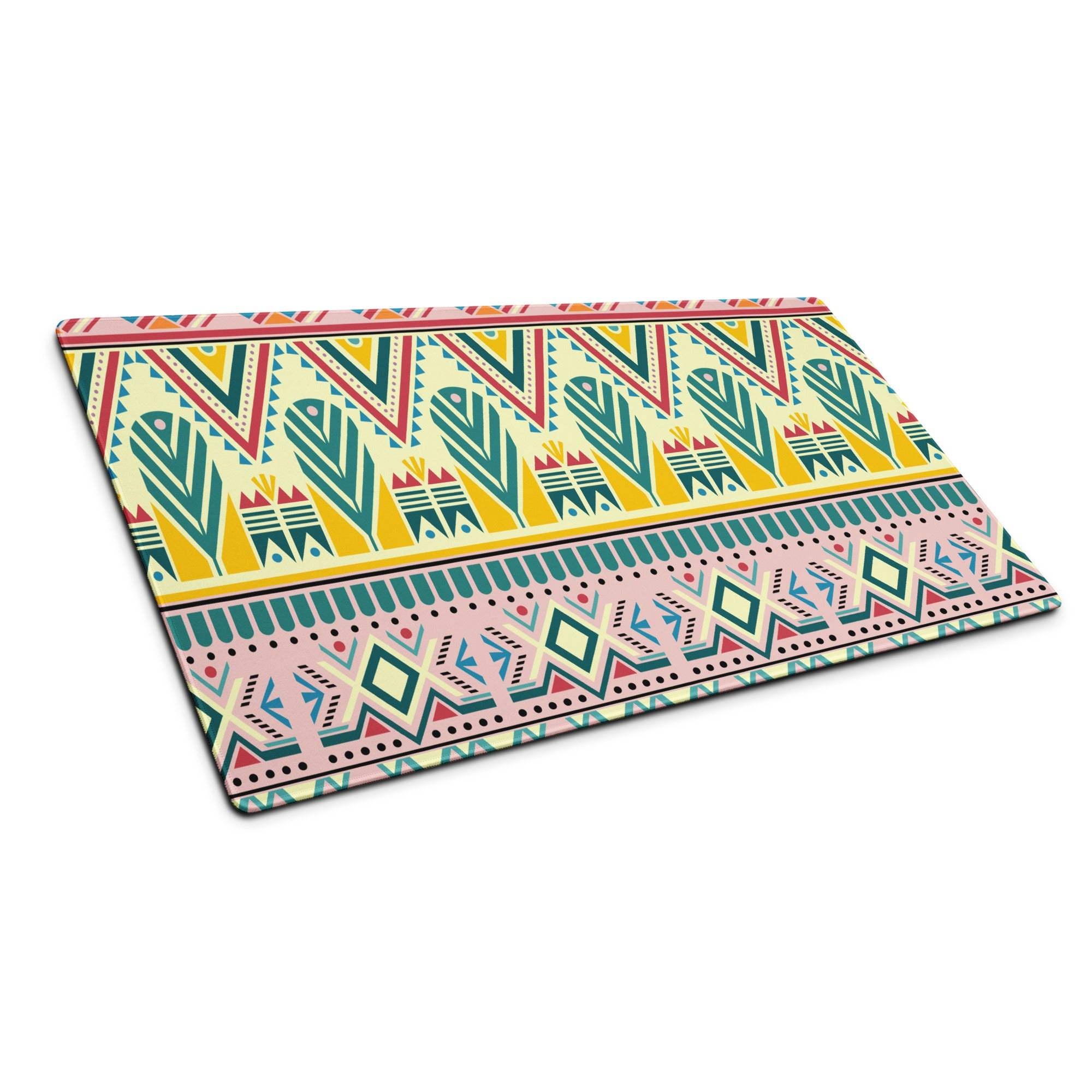 Bohemian tribal gaming mouse pad with teal geometric pattern and non-slip base