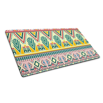 Bohemian tribal gaming mouse pad with teal geometric pattern and non-slip base