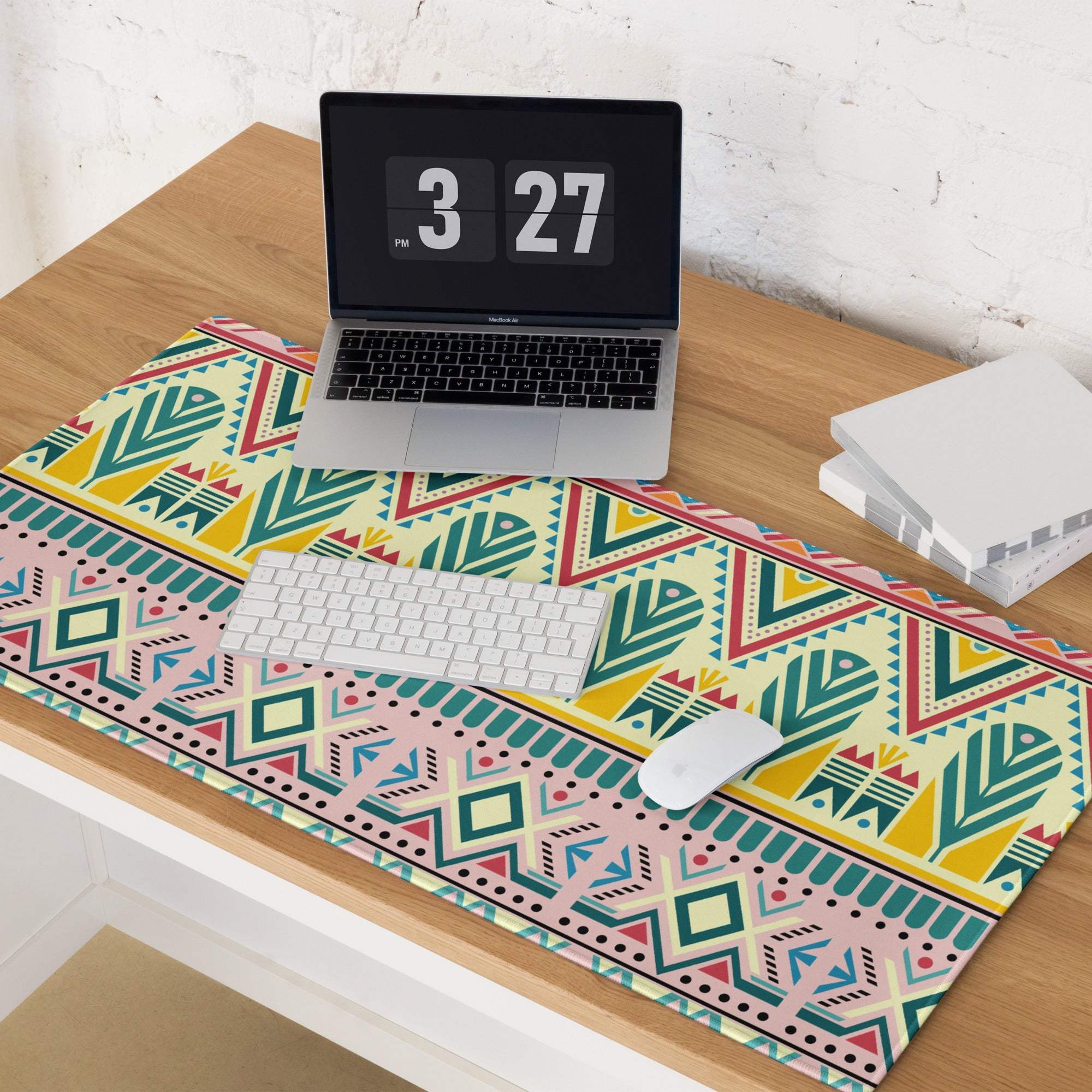 Bohemian tribal gaming mouse pad with vibrant pastel geometric patterns