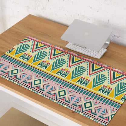 Bohemian tribal gaming mouse pad with vibrant teal, yellow, pink, red geometric pattern on cream background