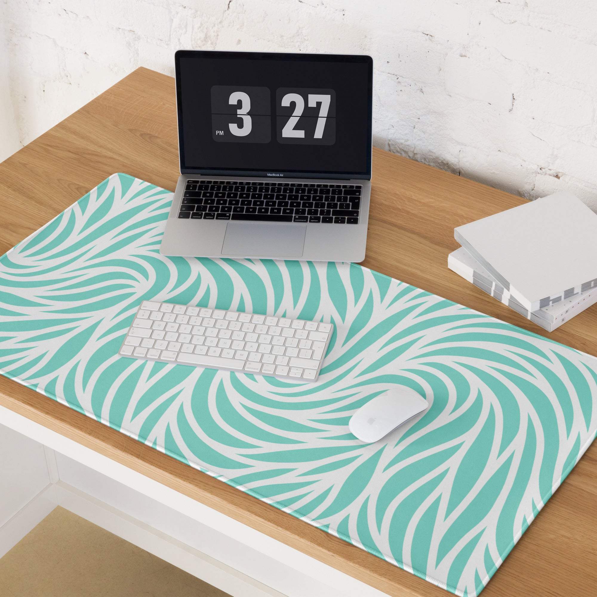 Vibrant turquoise wave pattern large gaming mouse pad with non-slip stitched surface