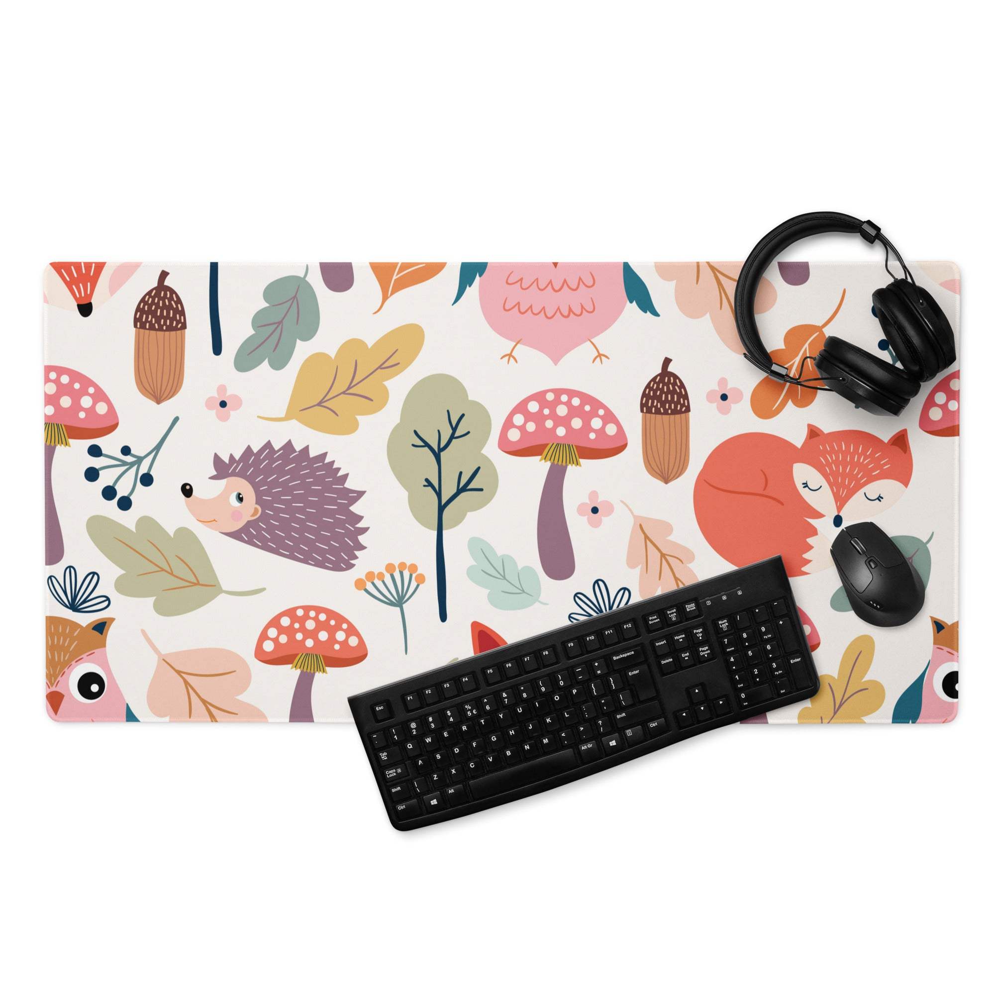 Colorful whimsical woodland animals gaming mouse pad with hedgehogs and foxes