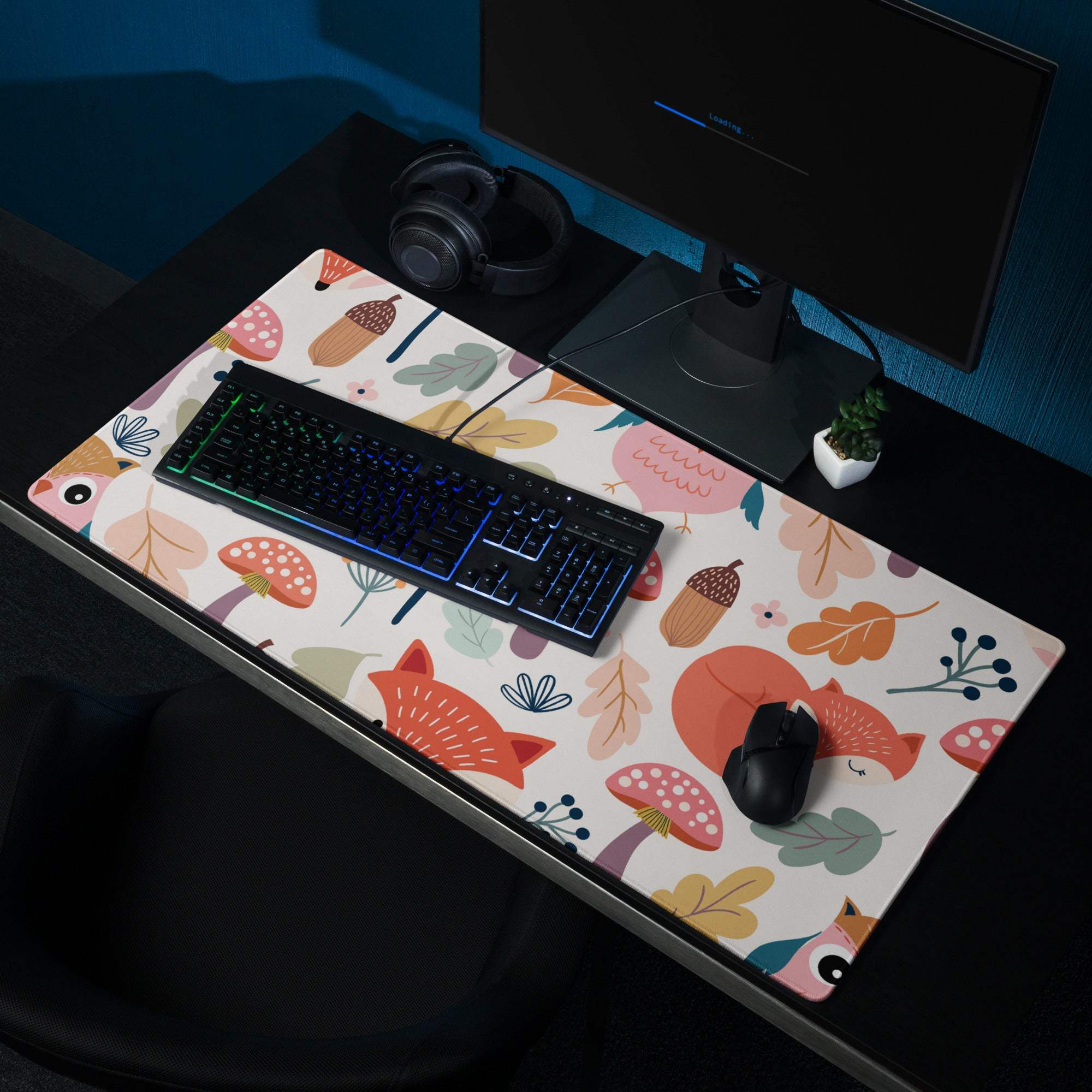 Colorful whimsical woodland foxes mouse pad with autumn pattern, large non-slip gaming mat