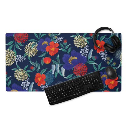 Floral navy blue gaming mouse pad with vibrant blossoms and non-slip base