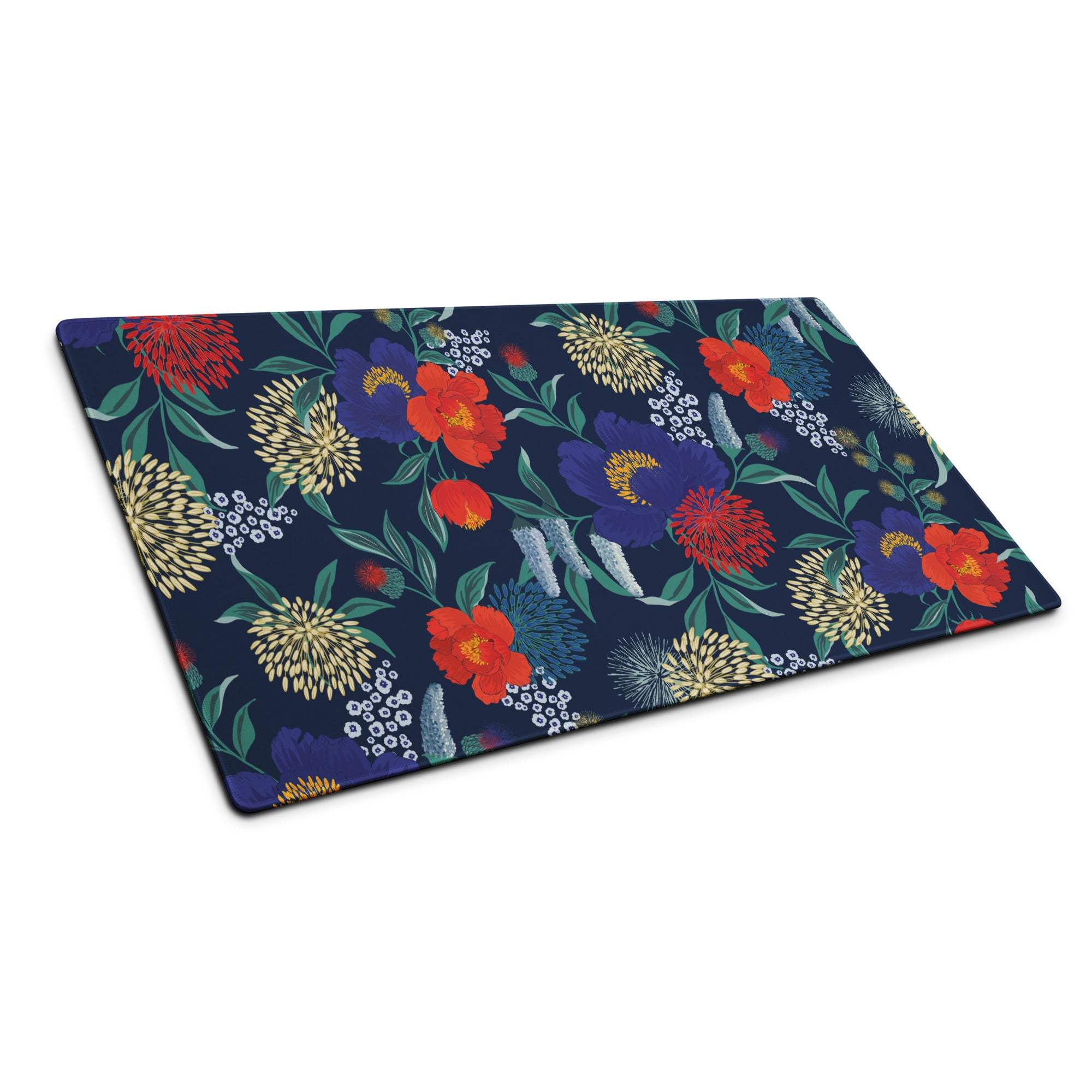 Floral navy blue gaming mouse pad with vibrant blossoms and non-slip base