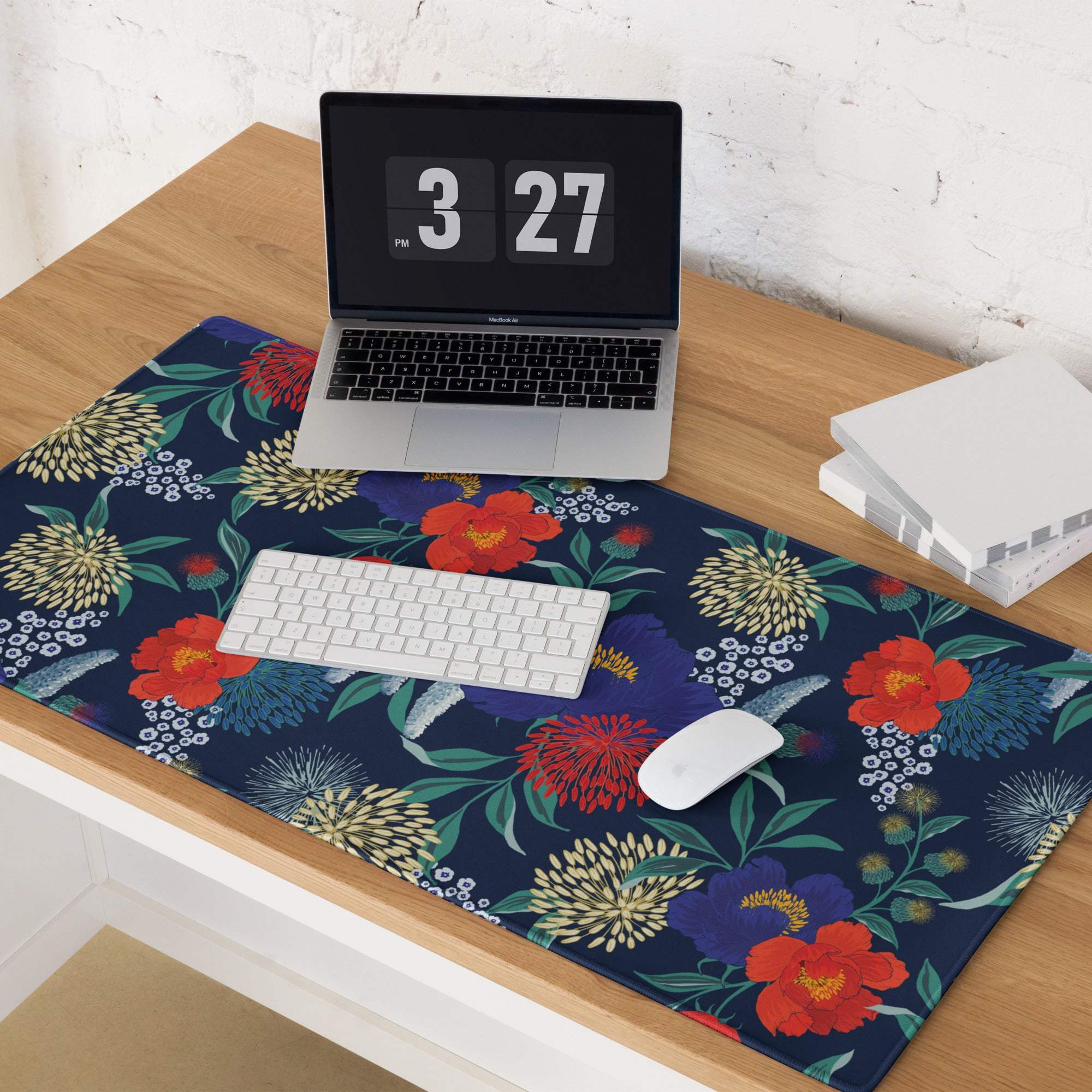 Navy blue floral gaming mouse pad with red yellow purple flowers durable edges non-slip base